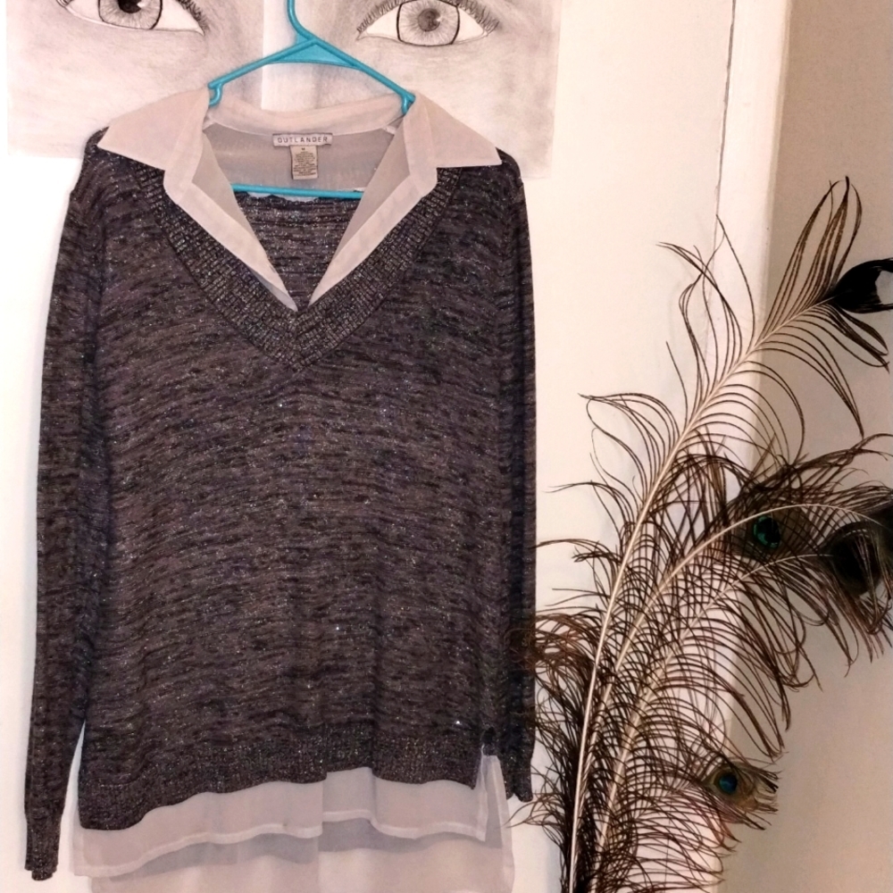 ⭐OUTLANDER Women's Stretch long Sleeve Medium Gray Top Blouse Sheer Underlay